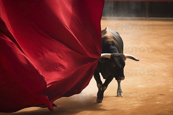 Bull with red cloth in bull fight arena. KI generiert, generiert, AI generated