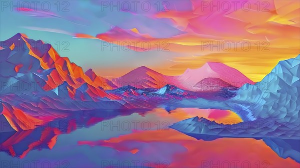 AI generated painting of a surreal landscape with mountains and a lake with digital brush strokes