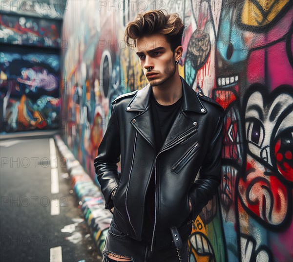Portrait picture, a young man with leather jacket in front of a wall with graffiti, AI generated,