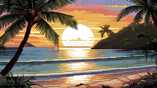 Pixel art illustration of a tropical island paradise with palm trees and sandy beach, AI generated