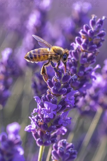 Bee, honey bee (Apis sp.) sitting on a lavender flower (Lavandula), AI generated, AI generated, AI
