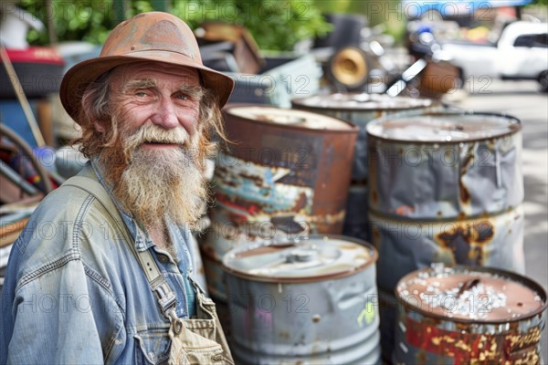 A red-haired man with a full beard, scrap dealer, in work clothes in a scrap yard, AI generated, AI