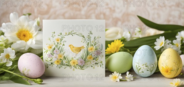 Easter card with delicate hand-drawn illustrations, placed among fresh flowers and decorated eggs,