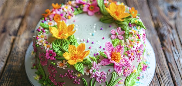 Decorated Easter cake with intricate icing flowers and colorful sprinkles, placed on a rustic