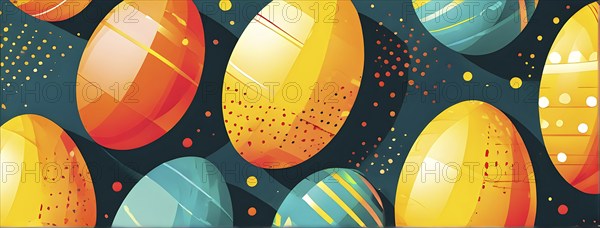 Abstract Easter egg design with geometric patterns, bold colors, and a mix of textures, creating a