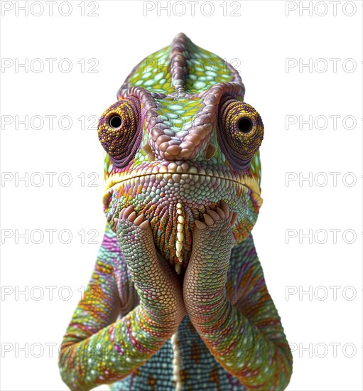 Beautiful contemplative chamaeleon with his hands on his chin isolated on a white background, AI