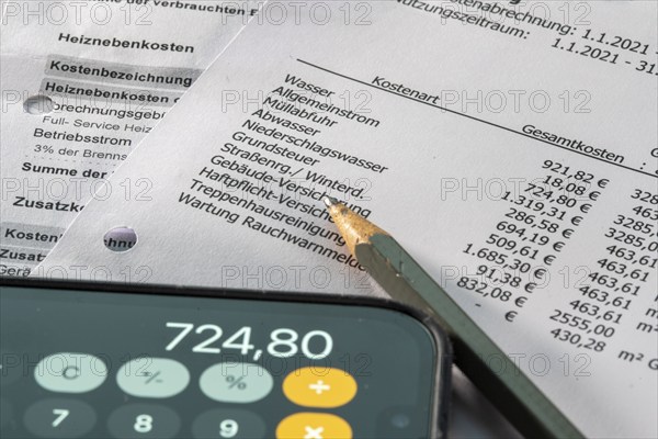Symbolic image of service charge statement, heating cost statement, rental costs, list of