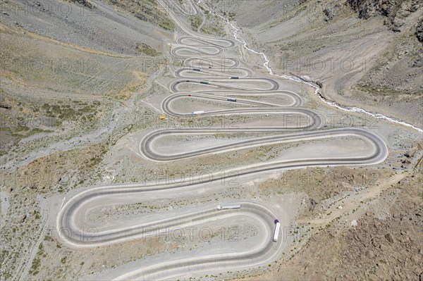 Mountain pass Los Caracoles, The Snails, road connecting Chile and Argentina, aerial view, Chile,