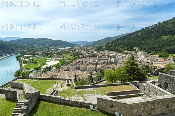 Sisteron. View of the city and the Durance river from the Citadel, Alpes-de-Haute-Provence.