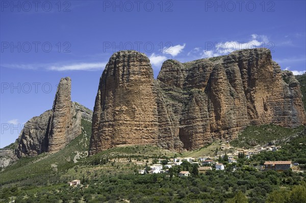 The Mallos de Riglos, set of conglomerate rock formations in Hoya de Huesca comarca, Aragon, Spain,