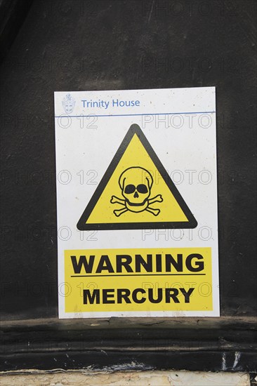 Orford Ness lighthouse Open Day, September 2017, Suffolk, England, UK, warning mercury sign