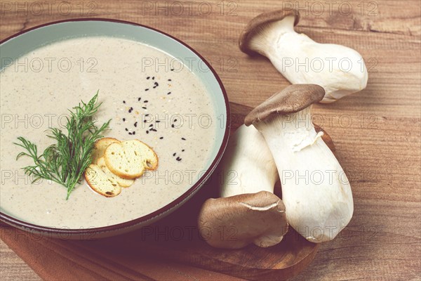 Mushroom cream soup, with dill and bruschetta, mushroom eringi