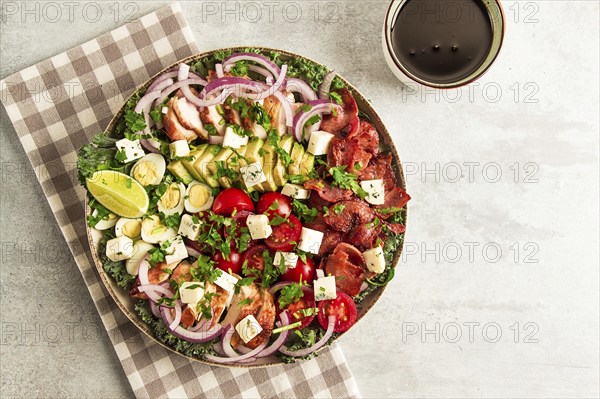 Cobb salad, keto food, top view, no people, close-up