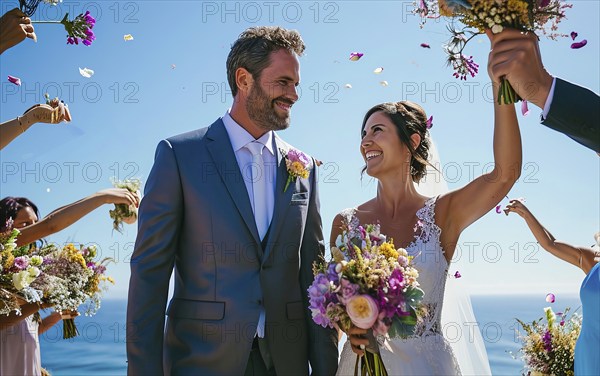 Outdoors luxury wedding and honeymoon time with bride and groom on the scenic beach ceremony, AI