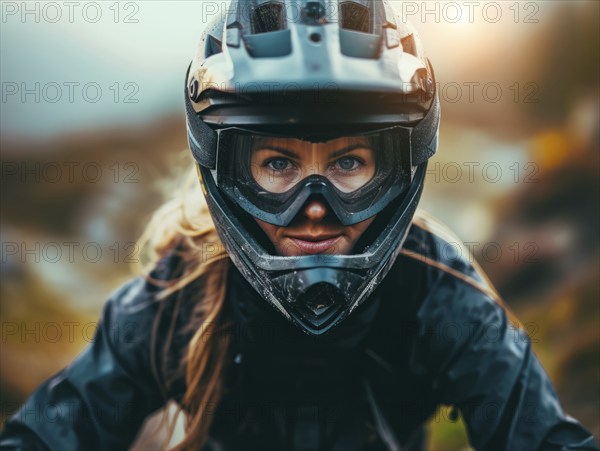 Yonge lady riding off-road mountain sport bike over extreme rough terrain, AI generated