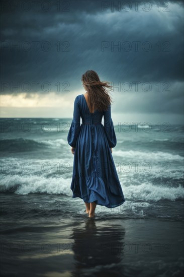 A depressed lonely woman is standing on an ocean shore wearing a blue dress, AI generated