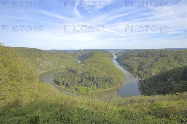Saarschleife, landscape with Hunsrück and Saar, river bend, river bend, tourist attraction, view