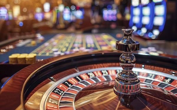 Casino roulette table waiting for and tourist to spend money, AI generated