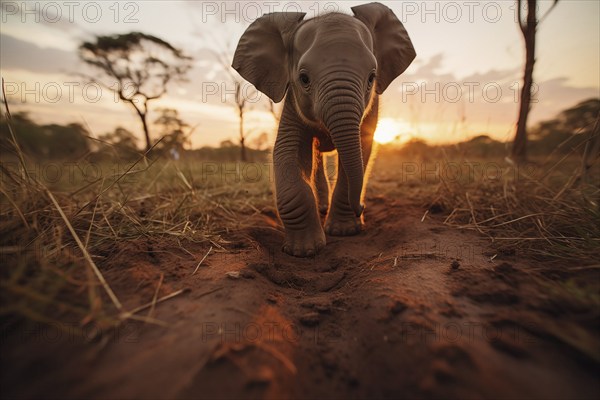 Baby elephant walking majestically against the backdrop of a golden sunset, AI generated