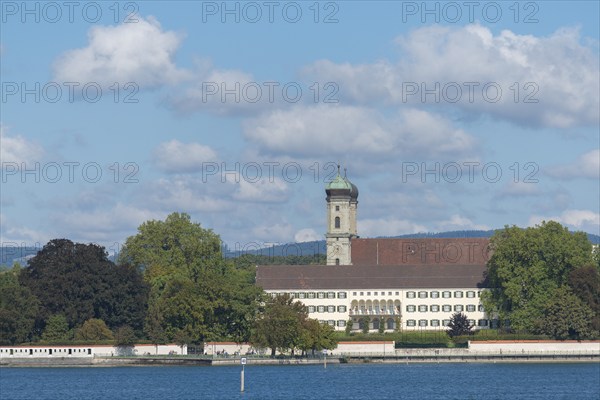 Baroque castle church with double tower, onion dome, park, Friedrichshafen on Lake Constance,