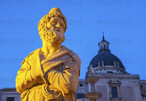Statue of Praetorian Fountain and the dome of Santa Caterina church by night, Piazza Pretoria,