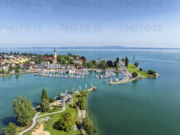 Harbour area, ferry port, yacht harbour, marina of Romanshorn with adventure playground on the
