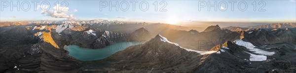Evening mood, mountain panorama, aerial view, 4000 metre peak with glacier, mountain pass and