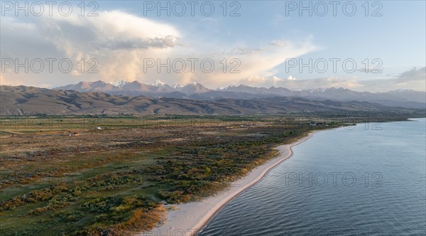 Aerial view, landscape at Lake Issyk Kul, Kyrgyzstan, Asia