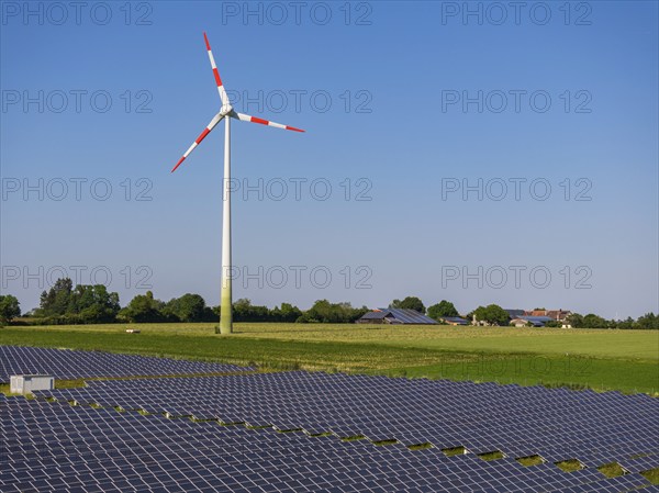 PV system in the solar park, wind turbine on the Swabian Alb. Neuselhalden wind farm near Steinheim
