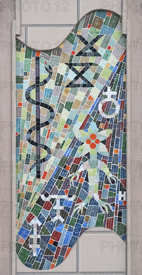 Modern mosaic picture with an Eskolab staff on the façade of a pharmacy, Bad Kissingen, Lower