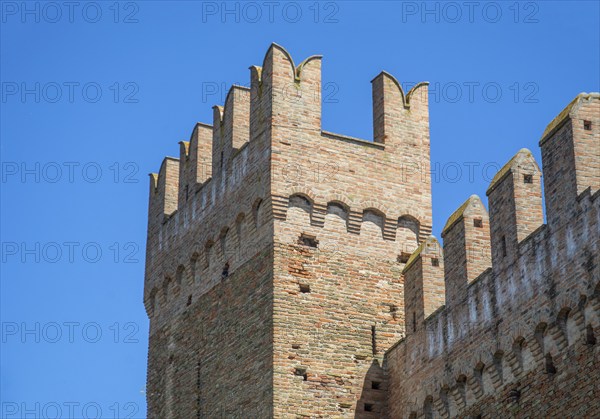 Tower on the defense wall of the medieval Gradara castle, Marche region, Italy, Europe