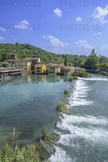 View of the village from the Visconti Bridge dating from 1395, Borghetto, Valeggio sul Mincio,