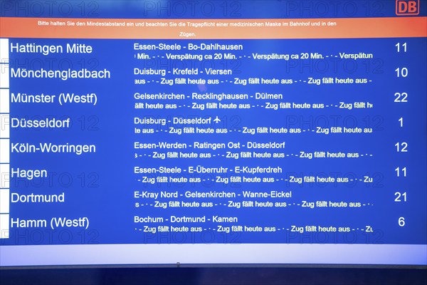 Essen main station, display board informs about cancelled train connections, partly full closure of