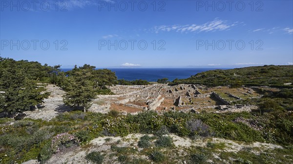 Expansive landscape of ruins overlooking the sea, surrounded by vegetation under a clear blue sky,