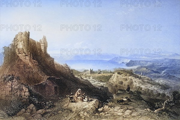 Lake Tiberius from the castle of Saphet, Palestine, c. 1850, Historical, digitally restored