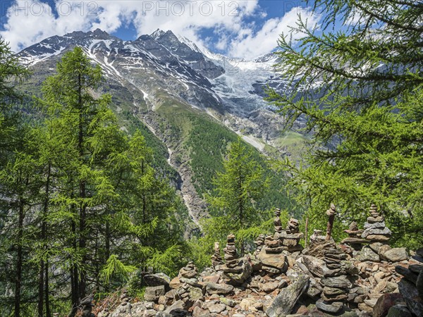 View to valley Mattertal, Matter valley, seen from hike village Randa to Charles Kuonen suspension