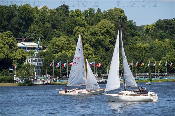 Lake Baldeney, reservoir of the Ruhr, regatta tower, regatta grandstand, Essen, North
