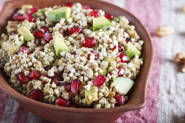Salad of germinated buckwheat, avocado, walnut and pomegranate seeds in clay plate on white wooden