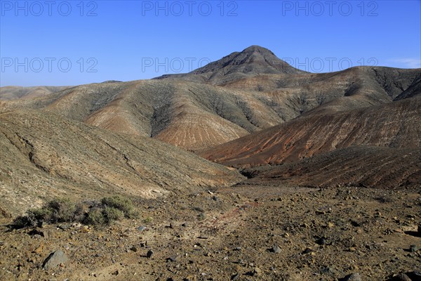 Bare moon-like arid landscape in mountains between Pajara and La Pared, Fuerteventura, Canary