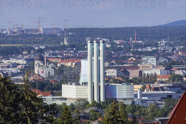 Cityscape Dresden with power station Nossener Brücke, Yenidze and construction site Infineon,
