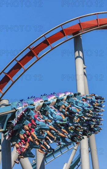Theme park guests riding Dragon Challenge roller coaster in Wizarding World of Harry Potter at
