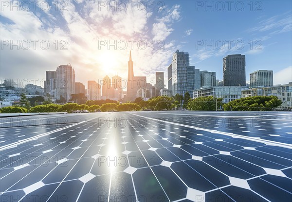 Solar panels installed in the city residential area to produce clean eco sustainable energy, AI