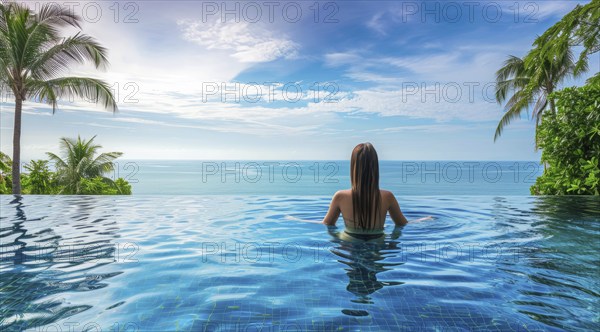Woman swimming in infinity pool on Caribbean vacation looking at ocean scenic landscape, AI