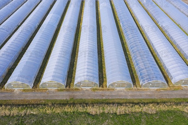 Aerial view over polytunnels, grow tunnels for intensive cultivation of vegetables for season