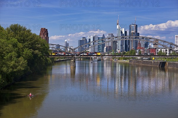 The river Main with regional railway on the Deutschherrnbrücke and the skyline of Frankfurt am