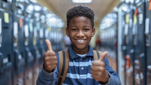 Cute african american school boy giving a thumbs up in the hallway of his school. generative AI, AI