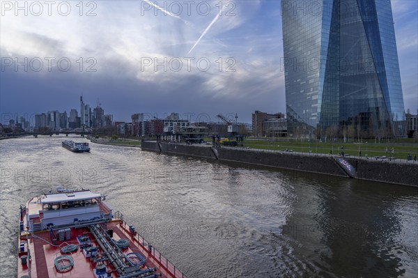 Skyline of Frankfurt am Main, skyscrapers, business and banking district in the city centre, cargo