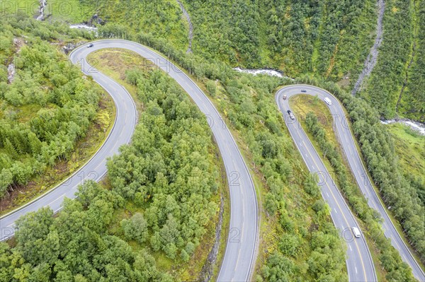 Hairpin curves in valley Hjelledalen east of Stryn, Norway, Europe