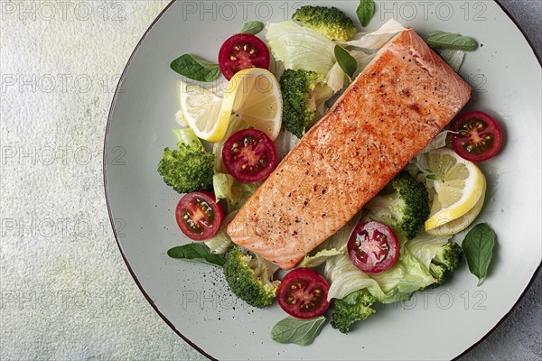 Grilled salmon fillet, with vegetables, broccoli, cherry, iceberg lettuce, spices and herbs,