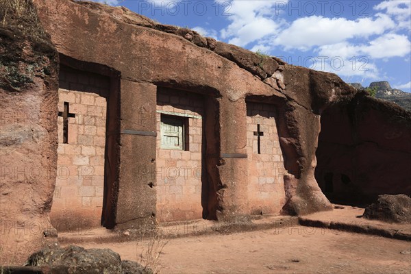 Lalibela, near the eastern group of rock-hewn churches, parts of the Bete Marqureos, Merkurios